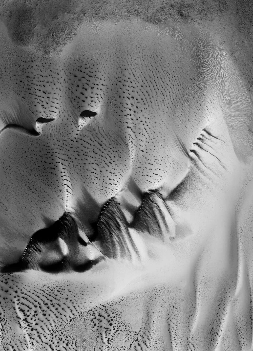 Des dunes recouvertes de givre saisonnier. © Nasa, JPL, université d’Arizona, éditions Xavier Barral