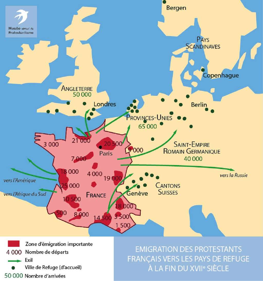 Carte du « grand refuge » à la fin du XVII<sup>e</sup> siècle. © Musée Virtuel du Protestantisme