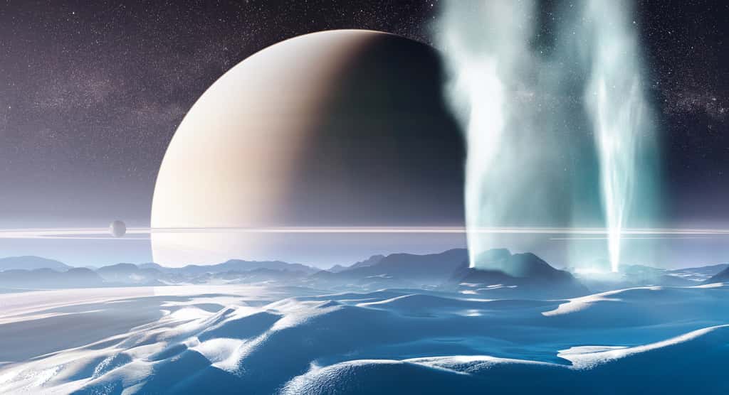 Plusieurs lunes du Système solaire, comme Encelade, posséderaient un océan d'eau liquide caché sous une croûte de glace. © Science-illustrer, Adobe Stock