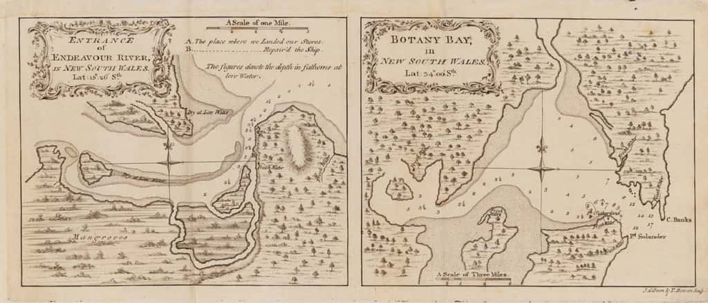 <em>Endeavour River</em> et <em>Botany Bay</em>, dessinées par James Cook en 1773. © <em>Wikimedia Commons</em>, domaine public.