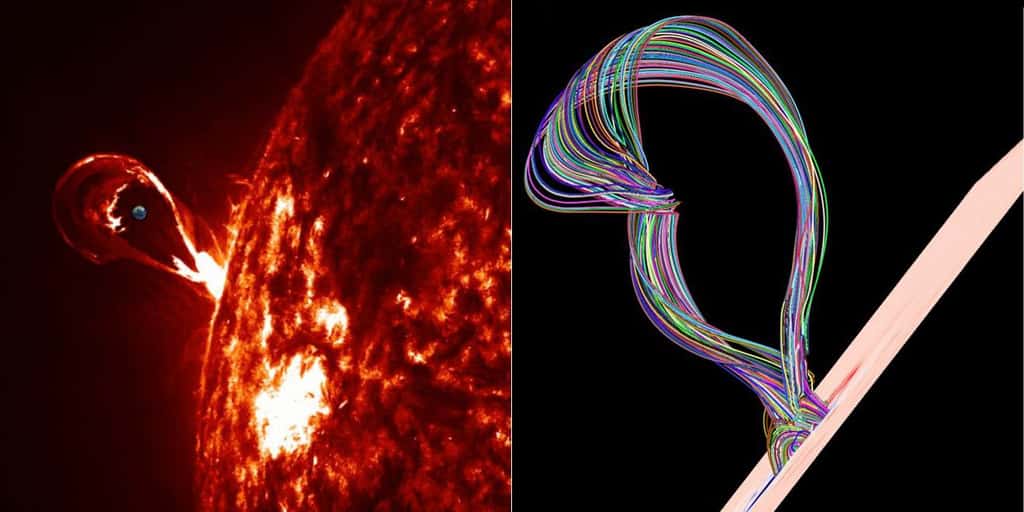 À gauche : une éruption solaire observée le 14 octobre 2012. Issue d’une tache solaire, une bulle de gaz chaud est emprisonnée par une structure en arche du champ magnétique, dont le diamètre peut dépasser 100.000 km (l'image de la Terre, au centre, donne l'échelle). Lorsque cette arche est rompue par la pression du gaz, la matière est éjectée dans l’espace. À droite, la modélisation de la corde magnétique observée pendant l’éruption du 13 décembre 2006, projetée sur le limbe solaire, montre la similitude des deux événements. © Nasa, SDO et Tahar Amari, Centre de physique théorique