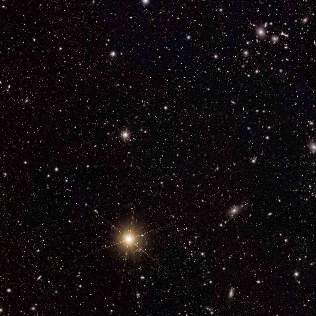 Cette vue montre l'amas de galaxies Abell 2764 (en haut à droite), qui comprend des centaines de galaxies au sein d'un vaste halo de matière noire. Euclid capture de nombreux objets dans cette partie du ciel, notamment des galaxies d'arrière-plan, des amas plus éloignés et des galaxies en interaction projetant des courants et des coquilles d'étoiles. Cette vue complète d’Abell 2764 et de ses environs – obtenue grâce au champ de vision incroyablement large d’Euclid – permet aux scientifiques de déterminer le rayon de l’amas et de voir sa périphérie avec des galaxies lointaines toujours dans le cadre. Les observations d’Euclid sur Abell 2764 permettent également aux scientifiques d’explorer davantage les galaxies des âges sombres cosmiques lointains, comme avec Abell 2390. On voit également ici une étoile très brillante au premier plan qui se trouve dans notre propre galaxie (<em>Beta Phoenicis</em>, une étoile de l’hémisphère sud suffisamment brillante pour être vue par l’œil humain). Lorsque nous regardons une étoile à travers un télescope, sa lumière est diffusée vers l’extérieur dans un halo circulaire diffus en raison de l’optique du télescope. Euclid a été conçu pour rendre cette dispersion aussi petite que possible. En conséquence, l’étoile provoque peu de perturbations, ce qui nous permet de capturer de faibles galaxies lointaines proches de la ligne de mire sans être aveuglés par la luminosité de l’étoile. © ESA/Euclid/Euclid Consortium/Nasa, traitement d'images par J.-C. Cuillandre (CEA Paris-Saclay), G. Anselmi ; Licence standard CC BY-SA 3.0 IGO ou ESA