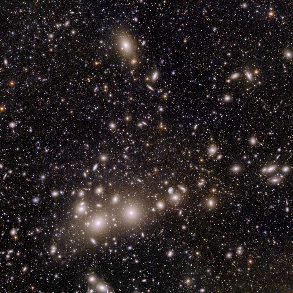 Cet incroyable instantané de l’amas de galaxie de Persée est une révolution pour l'astronomie. L'image montre 1 000 galaxies appartenant à l'amas, et plus de 100 000 galaxies supplémentaires plus loin en arrière-plan. Beaucoup de ces galaxies faibles étaient invisibles auparavant. Certaines d’entre elles sont si éloignées que leur lumière a mis 10 milliards d’années à nous parvenir. En cartographiant la répartition et la forme de ces galaxies, les cosmologistes pourront en savoir plus sur la façon dont la matière noire a façonné l’Univers que nous voyons aujourd’hui. C’est la première fois qu’une image d’une telle taille permet de capturer autant de galaxies de cet amas avec un tel niveau de détails. <a href="https://www.esa.int/var/esa/storage/images/esa_multimedia/images/2023/11/euclid_s_view_of_the_perseus_cluster_of_galaxies/25170524-1-eng-GB/Euclid_s_view_of_the_Perseus_cluster_of_galaxies.jpg" target="_blank">Téléchargez l'image en haute résolution</a>. © ESA/Euclid/Euclid Consortium/NASA, image processing by J.-C. Cuillandre (CEA Paris-Saclay), G. Anselmi; CC BY-SA 3.0 IGO