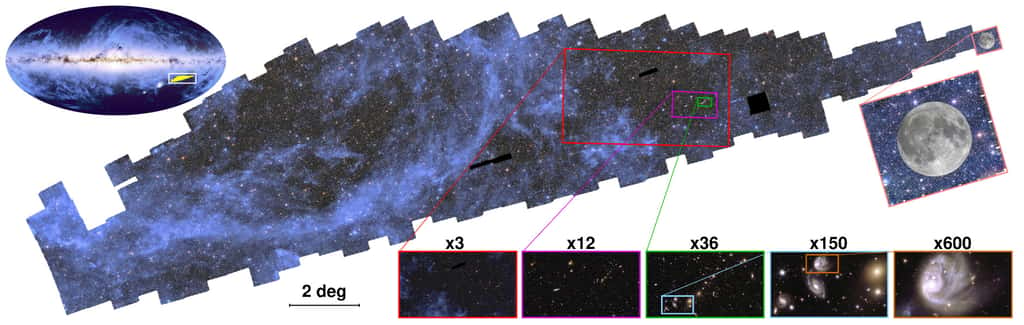 L’immense mosaïque publiée par le télescope spatial Euclid de l’ESA le 15 octobre 2024 représente 1 % du vaste relevé qu’Euclid capturera sur six ans. L’emplacement et la taille réelle de la mosaïque sur le ciel austral sont indiqués en jaune. Cette vue de l’ensemble du ciel est une superposition de la carte des étoiles de Gaia de sa deuxième publication de données en 2018 et de la carte de poussière de Planck de 2014. Ce graphique donne un aperçu de la mosaïque et des images agrandies publiées par la mission Euclid de l’ESA le 15 octobre 2024. En haut à gauche, une carte de l’ensemble du ciel (41 000 degrés carrés) est visible avec l’emplacement de la mosaïque d’Euclid dans le ciel austral surligné en jaune. La mosaïque contient 260 observations réalisées entre le 25 mars et le 8 avril 2024. En seulement deux semaines, Euclid a couvert 132 degrés carrés du ciel austral, soit plus de 500 fois la superficie de la pleine Lune vue de la Terre. En haut à droite, le champ de vision d’Euclid lors d’une observation est comparé à la superficie de la pleine Lune. Dans la mosaïque, les emplacements des différentes images agrandies sont indiqués. Au-dessus des images séparées, le facteur de zoom est indiqué (de 3 à 600 fois plus grand que la mosaïque originale). © ESA/Euclid/Euclid Consortium/Nasa, CEA Paris-Saclay, traitement d'image par J.-C. Cuillandre, E. Bertin, G. Anselmi CC BY-SA 3.0 IGO