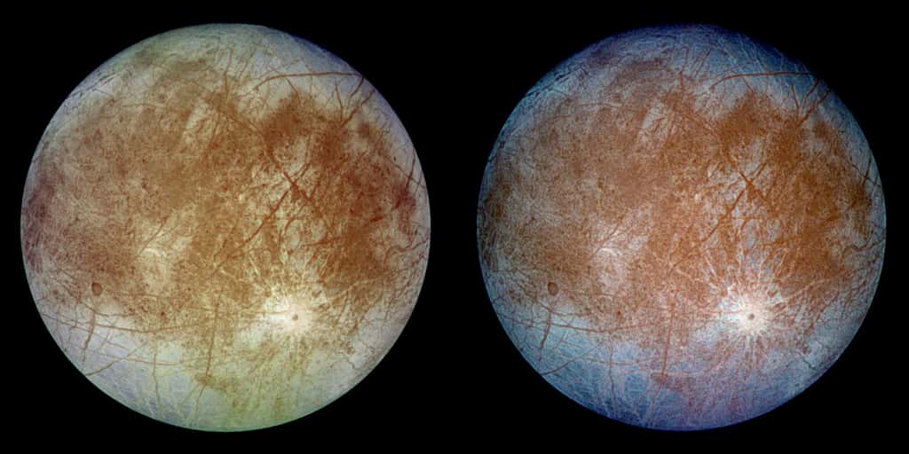 La Lune Europe observée par la sonde Galileo de la Nasa. L'image, à gauche, montre l'aspect approximatif des couleurs naturelles d'Europe. L'image, à droite, est une version composite en fausses couleurs combinant des images violettes, vertes et infrarouges pour améliorer les différences de couleurs dans la croûte de glace du satellite de Jupiter. © Nasa, JPL-Caltech, DLR