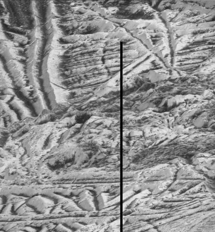 En attendant les premières images de la future mission de survol d’Europe, voici la vue la plus détaillée jamais réalisée de la surface chaotique de ce satellite de Jupiter. Sur cette image prise par feu la sonde Galileo, la résolution est de 6 mètres par pixel. © Nasa, JPL-Caltech