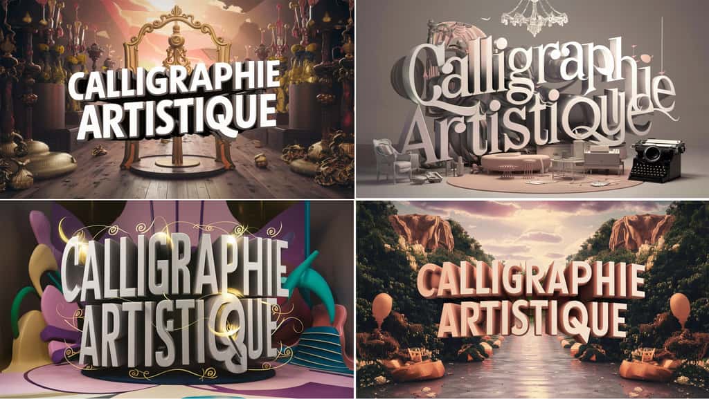 Quatre exemples de génération de calligraphies sur l’expression « Calligraphie artistique ». © Ideogram