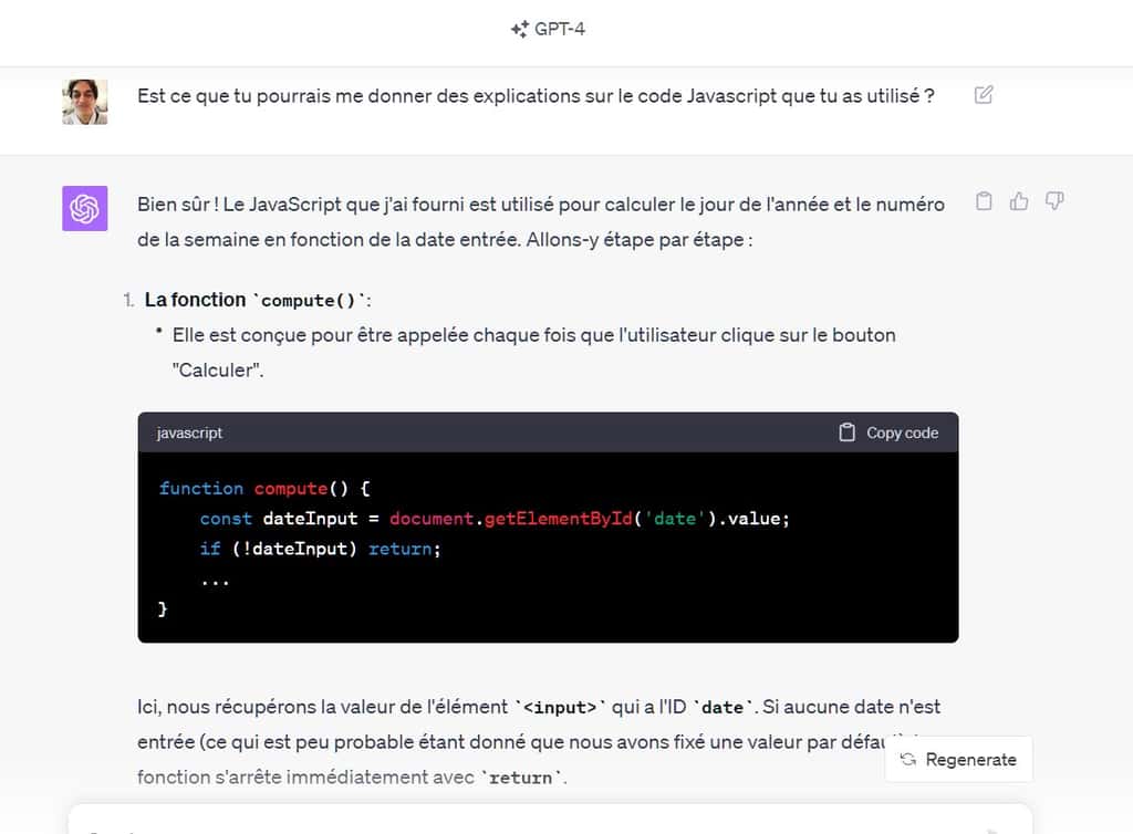 ChatGPT se fait un plaisir d’expliquer le code Javascript qu’il a programmé. © OpenAI