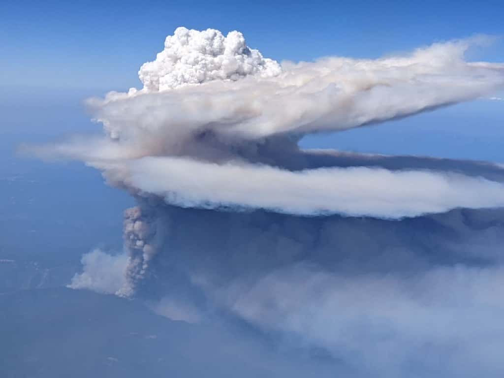 Gigantesque nuage d'incendie, pyrocumulus, photographié d'un avion en Californie le 9 septembre 2022. © Ryan Moulton