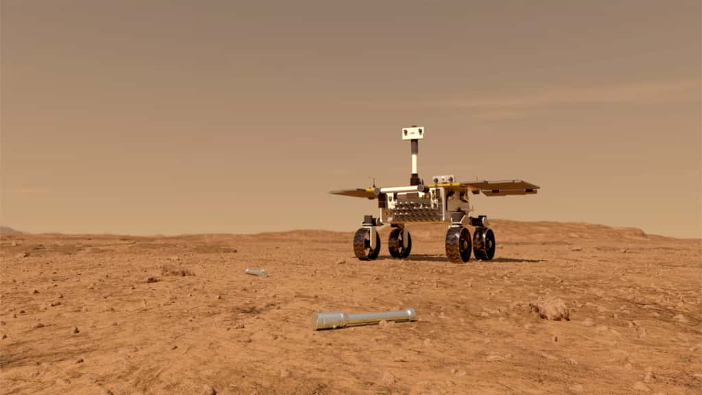 Vue d'artiste du Fetch rover de la mission de retour d'échantillons martiens de la Nasa et de l'ESA. Ce rover, réalisé par Airbus, aura pour unique tâche la récupération des échantillons de la Planète rouge collectés par Perseverance qui les aura logés dans des petits tubes en métal et déposés sur la surface de Mars. © Nasa, JPL