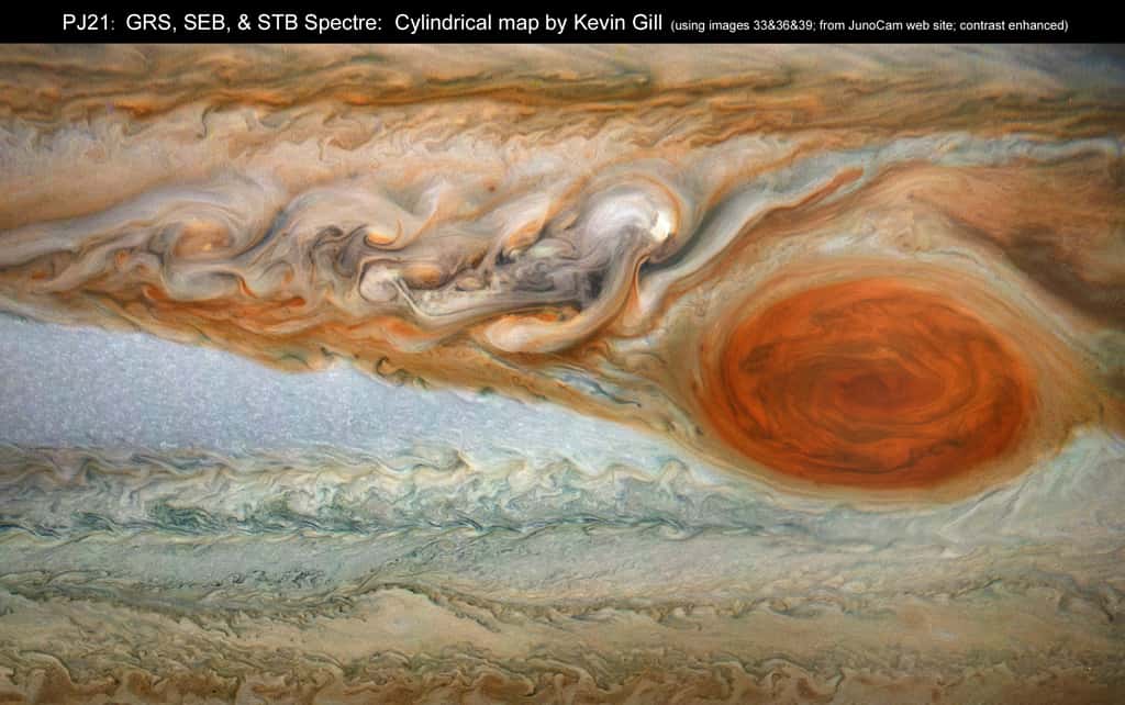 Image traitée par <a href="https://www.flickr.com/photos/kevinmgill/" target="_blank">Kevin Gill</a> tirée de la dernière série envoyée par Juno, Perijove 21 (ou PJ21), le 21 juillet 2019. C’était la deuxième fois que la sonde passait au-dessus de la Grande tache rouge. © Nasa, JPL, SwRI, Kevin Gill