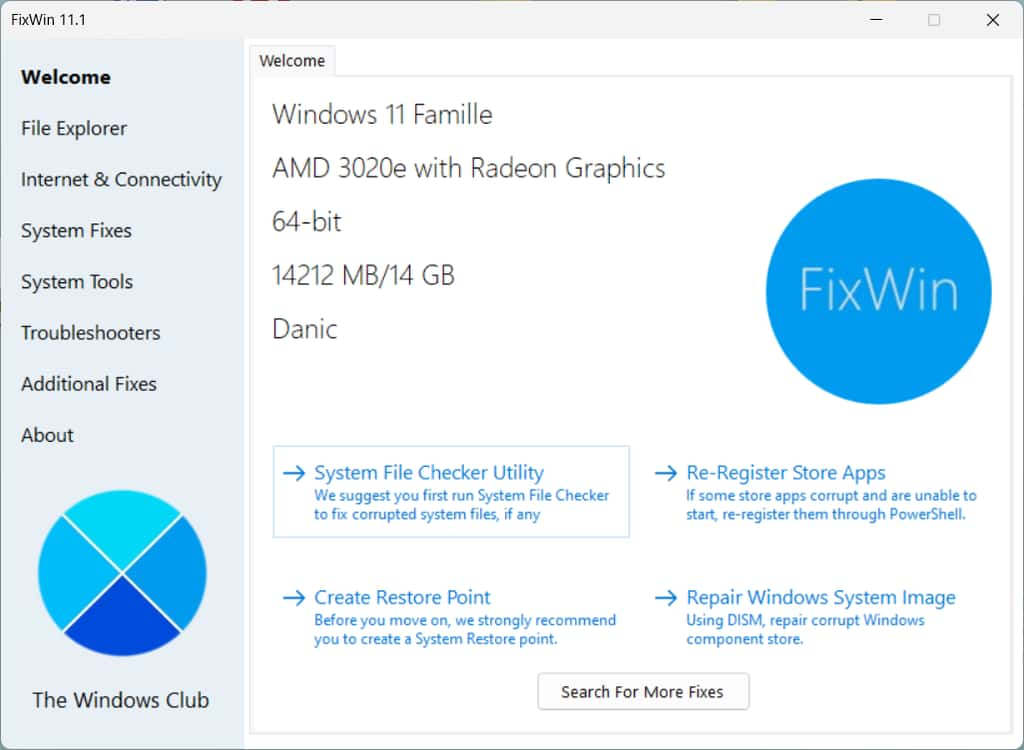 La page d’accueil de Fixwin. © Windows Club