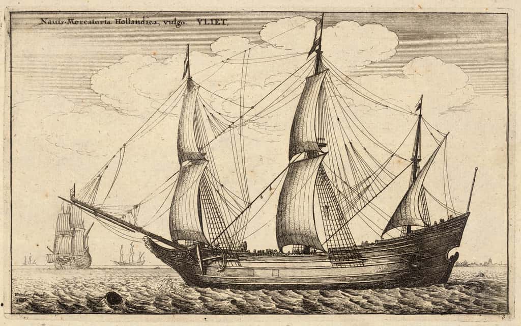 Navire marchand hollandais ou flûte, par Wenceslaus Hollar, XVII<sup>e</sup> siècle. Fonds Thomas Fisher, livres rares, bibliothèque de l'Université de Toronto, Canada. © <em>Wikimedia Commons</em>, domaine public