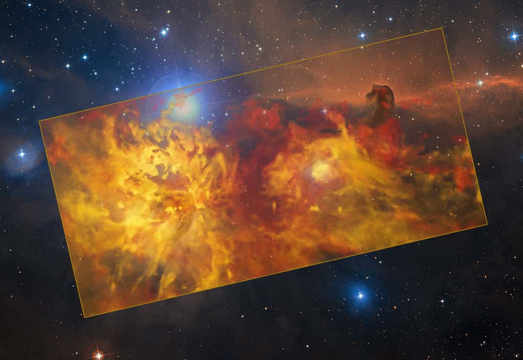 Image combinée d'Apex et du DSS 2. La nébuleuse de la Flamme, capturée en ondes radio sur cette image, est le grand objet situé dans la moitié gauche du rectangle central jaune. Le plus petit objet sur la droite est la nébuleuse par réflexion NGC 2023. En haut à droite de NGC 2023, l'emblématique nébuleuse de la Tête de cheval semble émerger héroïquement des "flammes". Ces trois objets font partie du nuage d'Orion, une structure gazeuse géante située entre 1300 et 1600 années-lumière. © ESO, Th. Stanke & ESO, Digitized Sky Survey 2