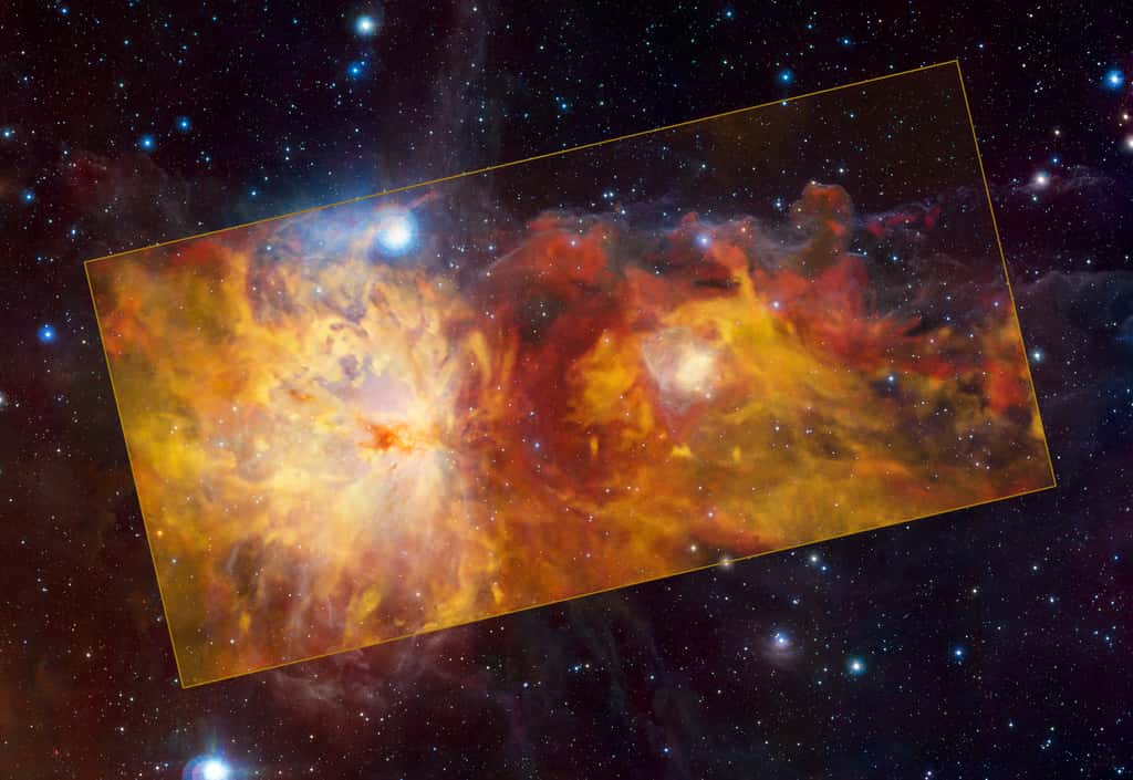 La nébuleuse de la Flamme, dans Orion, sondée dans les ondes radio avec la SuperCam d'Apex. Les différentes couleurs indiquent la vélocité du gaz. La nébuleuse de la Flamme et ses environs s'éloignent de nous, les nuages rouges à l'arrière-plan s'éloignant plus rapidement que les nuages jaunes au premier plan. © ESO, Th. Stanke & ESO, J. Emerson, Vista