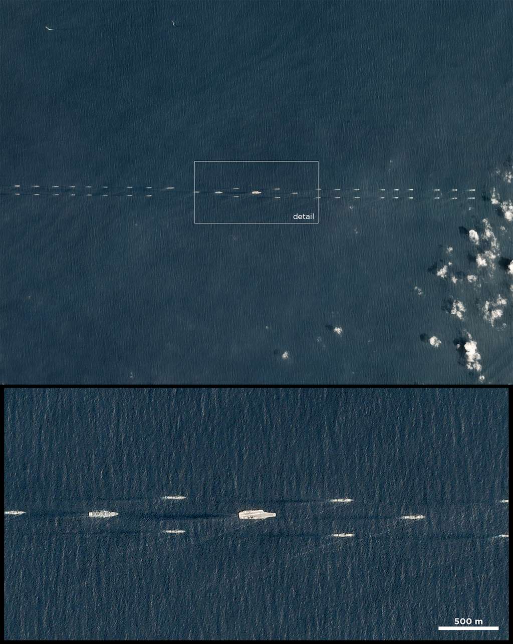 Exercices militaires chinois avec une flotte de navires escortant un porte-avions. © 2018 Planet Labs, Inc.