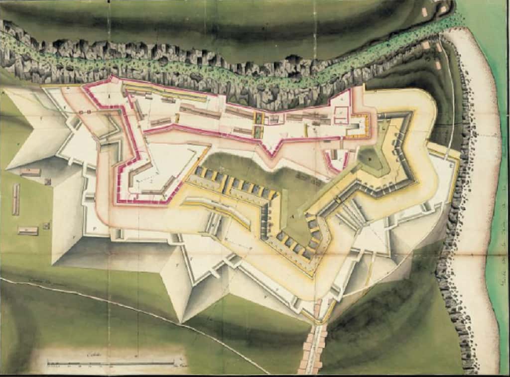 Dessin du Fort Saint-Charles, Basse Terre, Guadeloupe, vers 1764 ; ANOM, base Ulysse. © Archives nationales d'outre-mer