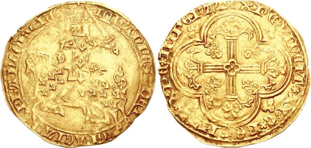 Ecu en or "Franc à cheval" du roi Jean II le Bon (1350-1364) ; photo CNG. © Wikimedia Commons, domaine public. 