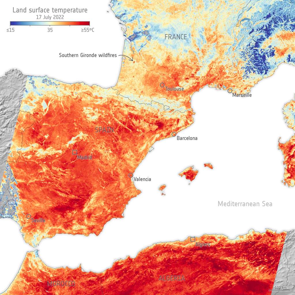 Carte de la température de la surface terrestre dans le sud de la France, l'Espagne et l'Afrique du Nord au matin du 17 juillet 2022. Cette carte a été dessinée à partir des données fournies par le radiomètre de Sentinel 3. © Copernicus Sentinel data (2022), ESA, CC by-sa 3.0 IGO