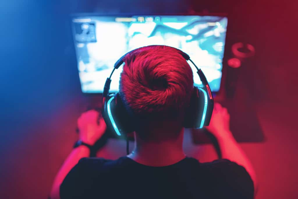 Homme en train de jouer à un jeu vidéo sur PC © Shutterstock