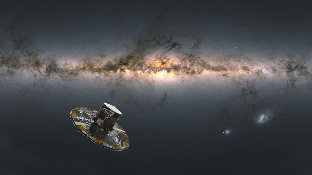 Le satellite Gaia observant et mesurant les objets de la Voie lactée. À droite, les galaxies du petit et grand nuage de Magellan. © satellite : ESA/ATG medialab &amp; Voie lactée : ESA/Gaia/DPAC; CC BY-SA 3.0 IGO, A. Moitinho