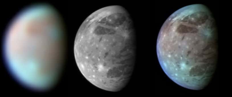 Ganymède vue à 3,7 millions de kilomètres par le spectromètre Ralph/Leisa, à gauche, et par le télescope Lorri, au milieu. À droite, addition des deux images. © Nasa