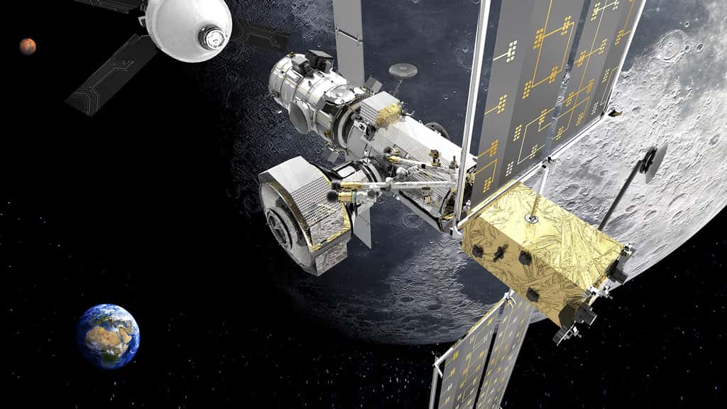 Vue d'artiste du Gateway, la petite station spatiale internationale en orbite cis-lunaire, dont deux modules seront fournis par l'Europe. © Thales Alenia Space