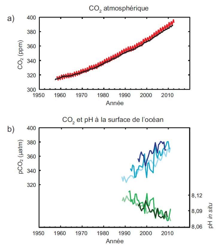 Différents indicateurs observés décrivent les changements affectant le cycle du carbone global : a) mesures des concentrations atmosphériques de dioxyde de carbone (CO2) effectuées à Hawaï (en rouge) et au pôle Sud (en noir) depuis 1958 ; b) mesures de la pression partielle du CO2 dissous à la surface de l’océan (courbes en bleu) et mesures de l’acidité de l’eau de mer, exprimée par le pH, effectuées dans trois stations de l’océan Atlantique (courbes en vert). © Giec