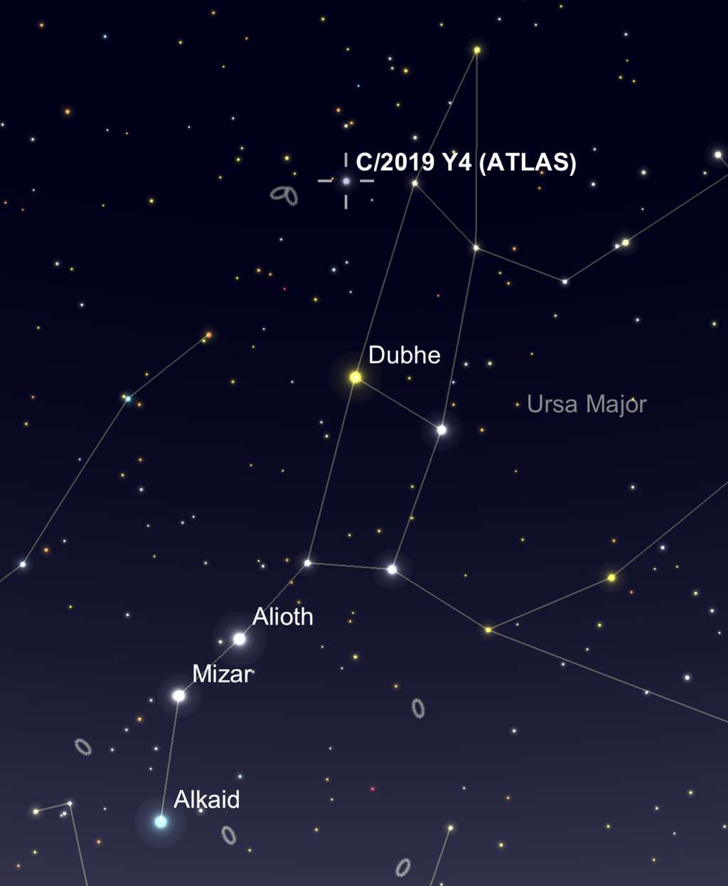 La comète Atlas pointait le bout de son nez près du museau de la Grande Ourse le 17 mars. © SkySafari