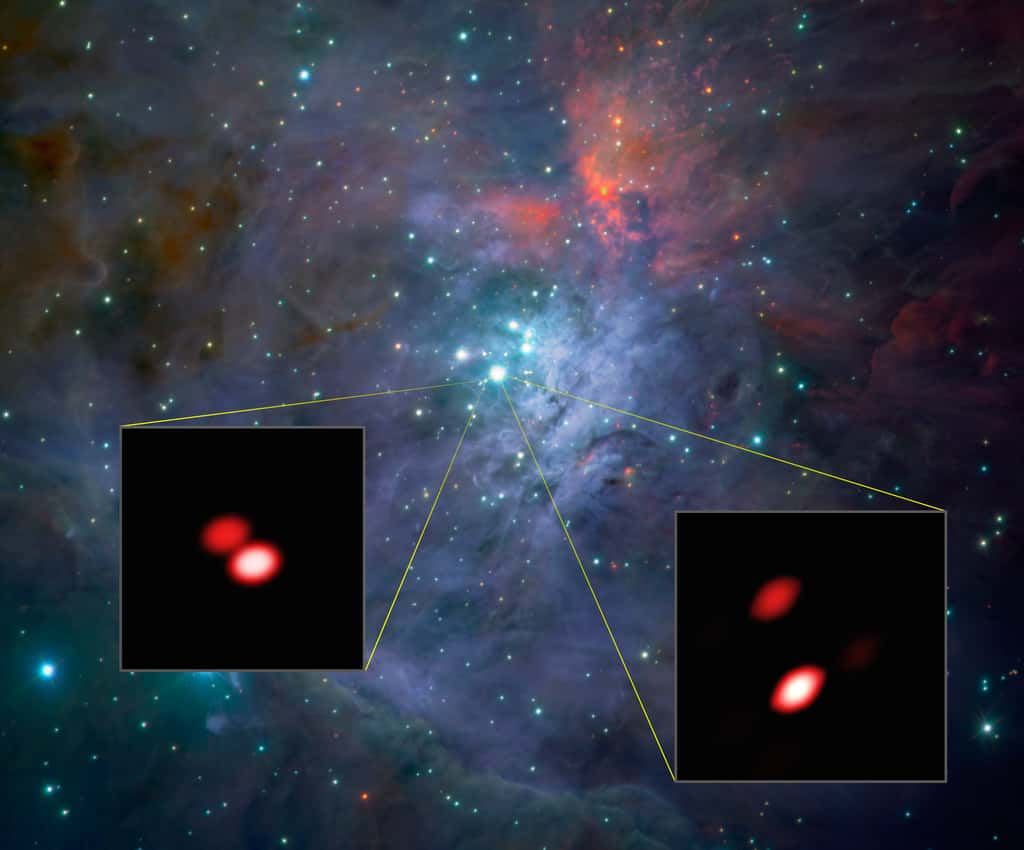 La grande image est celle de l'amas du Trapèze, dans la célèbre nébuleuse d'Orion, vu à travers le VLT par le spectromètre imageur Isaac. Les deux encarts sont les détails que permet de distinguer l'instrument Gravity. À gauche, Theta 1 F apparaît comme une étoile double, ce qu'aucun instrument n'avait remarqué jusqu'à présent. À droite, les deux astres du système Theta 1 C apparaissent très nettement séparés. © ESO, <em>Gravity consortium</em>, Nasa, ESA, M. McCaughrean