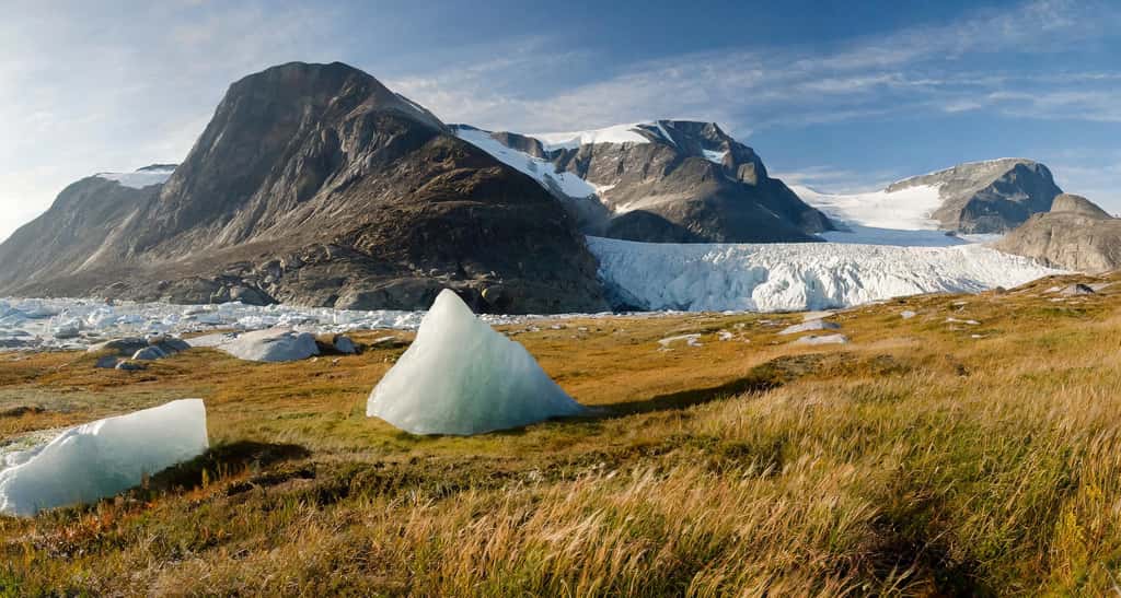 Alors que la glace se retire, ici dans le nord-ouest du Groenland, elle laisse la place à de la roche nue, puis à une couverture végétale de plus en plus développée. Des chercheurs de l’université de Leeds (Royaume-Uni) ont mesuré l’ampleur du phénomène. © XD, Futura avec Adobe Firefly