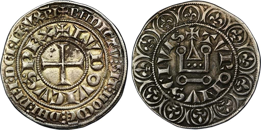"Gros tournois" de Louis IX, argent - 25,4 mm - 4,06 g ; "Ludovicus Rex", "Louis Roi" et "Turonus Civis", "Cité de Tours". Photo CGB. © Wikimedia Commons, domaine public.