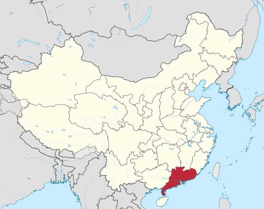 En rouge sur la carte, la province chinoise de Guangdong. ©  Wikipedia, CC by-sa 3.0