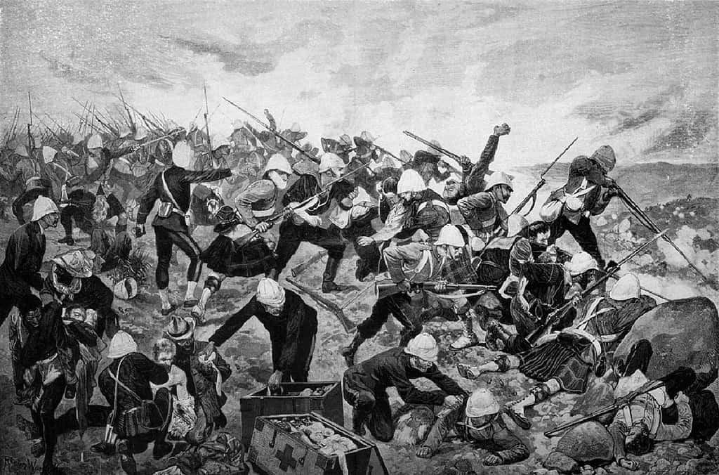 Bataille de Majuba, première guerre des Boers, en 1881 ; soldats britanniques défendant Majuba Hill. © Wikimedia Commons, domaine public.