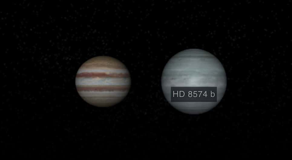 Représentation hypothétique de HD 8574b et comparaison avec Jupiter, la grosse planète du Système solaire. © Nasa