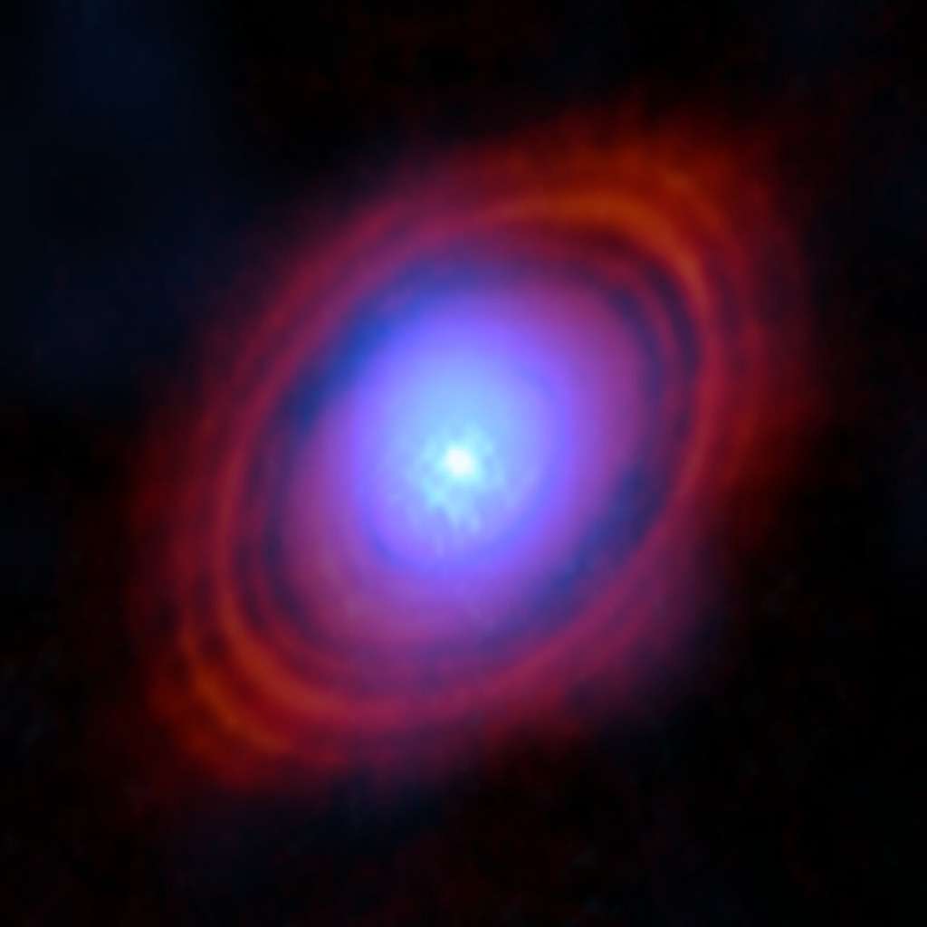 Des astronomes ont découvert de la vapeur d'eau dans un disque autour d'une jeune étoile, à l'endroit précis où des planètes pourraient se former. Sur cette image, les nouvelles observations de l'<em>Atacama Large Millimeter/submillimeter Array</em> (Alma), dont l'ESO est partenaire, montrent la vapeur d'eau en nuances de bleu. Près du centre du disque, où vit la jeune étoile, l'environnement est plus chaud et le gaz plus brillant. Les anneaux de couleur rouge sont des observations antérieures d'Alma montrant la distribution de la poussière autour de l'étoile. © Alma (ESO/NAOJ/NRAO)/S. Facchini et al.