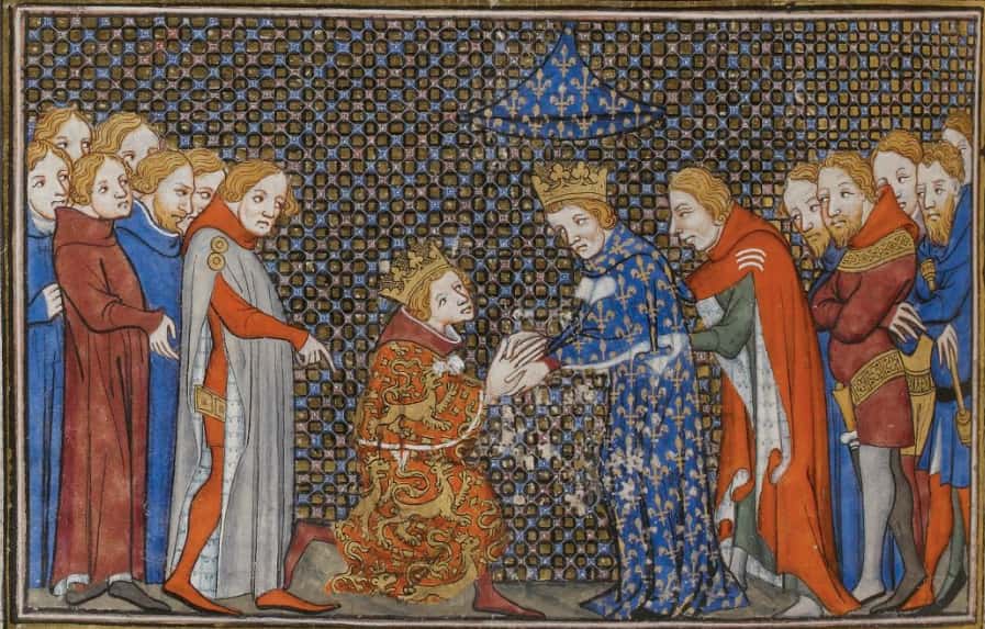 Hommage du roi Édouard III d'Angleterre au roi Philippe VI de France en 1329. Collection Bibliothèque nationale de France. © <em>Wikimedias Commons</em>, Domaine public