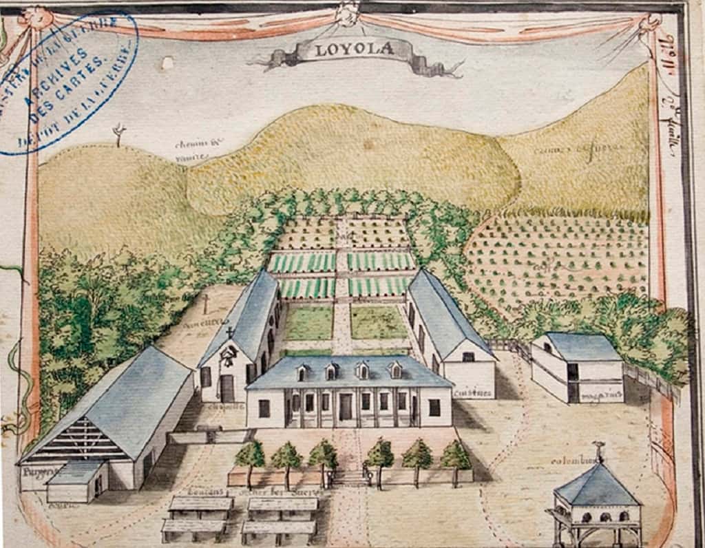 Vue de l'habitation jésuite « Loyola » à Rémire, près de Cayenne, par Hébert en 1730. Service Historique de l'Armée de Terre, Vincennes. © A. Le Roux