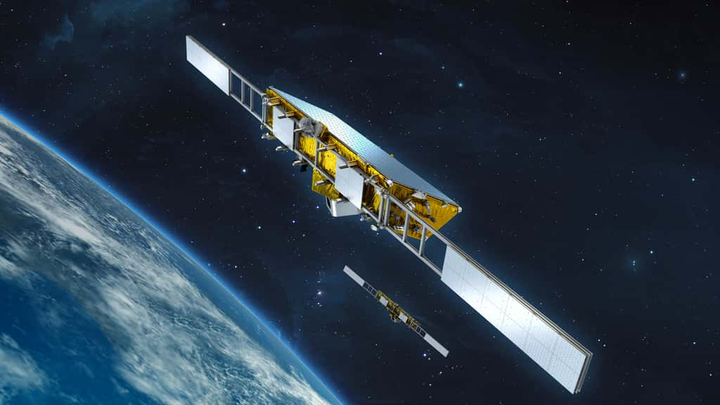 Vue d'artiste des deux satellites de la mission Harmony, dont le lancement est prévu en 2029. © OHB