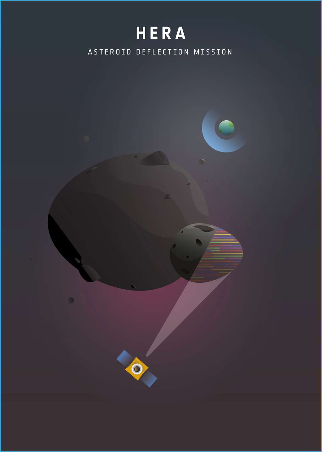 Affiche de l’ESA pour le projet de mission Hera, laquelle devrait se rendre avec la sonde Dart de la Nasa auprès d’un astéroïde binaire au cours de la prochaine décennie. © ESA