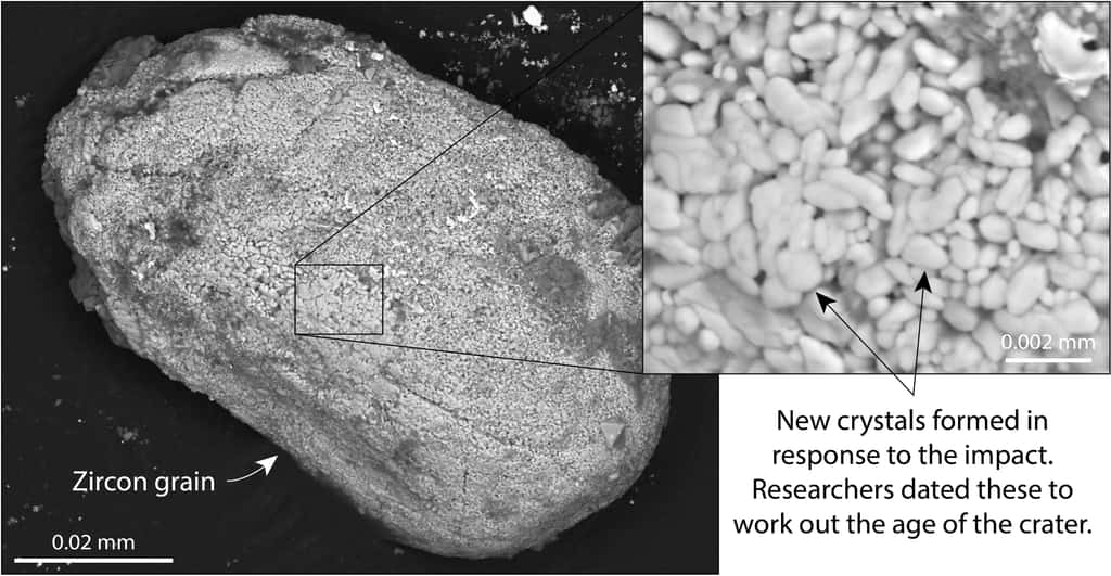 Les cristaux du minéral appelé zircon sont de minuscules capsules temporelles qui enregistrent l'âge de nombreux événements de l'histoire de la Terre. La datation de cristaux de zircon comme celui-ci était l'une des deux méthodes utilisées pour calculer l'âge du cratère d'impact Hiawatha. © Gavin Kenny, Muséum suédois d'histoire naturelle.