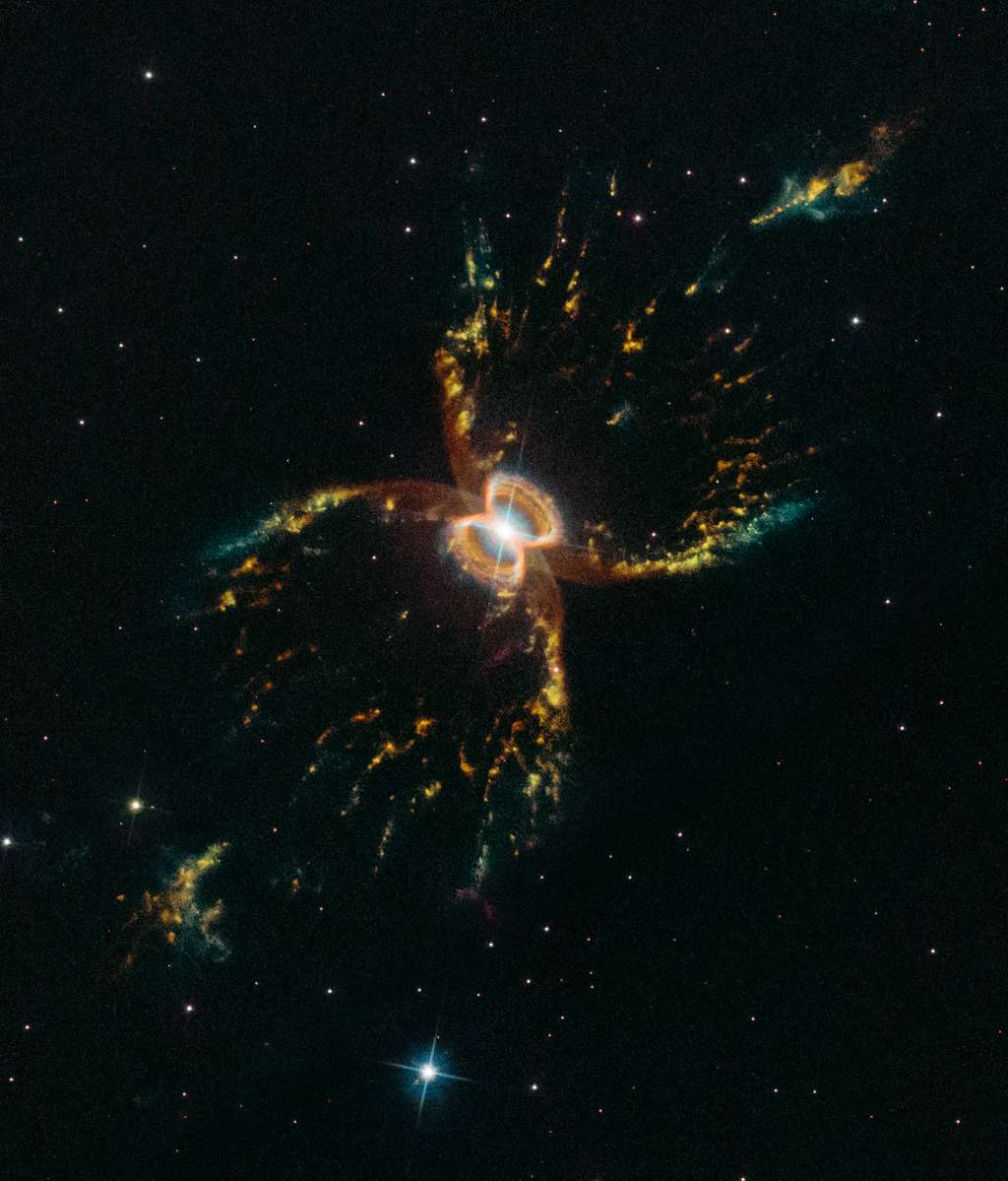 La nébuleuse du Crabe du Sud photographiée par Hubble en mars dernier. Le télescope spatial l’avait déjà dépeinte il y a 20 ans, en 1999. Ce nouveau portrait composite a été tiré par sa caméra WFC3 <em>(Wide Field Camera 3)</em>. Les gaz en rouge correspondent au souffre, en vert à l’hydrogène et en bleu à l’oxygène. © Nasa, ESA, STScI
