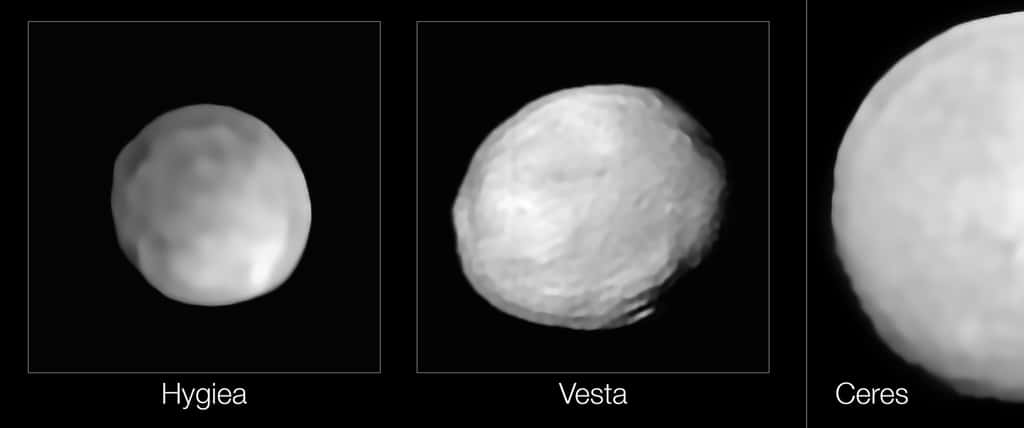 Comparaison d'Hygie avec les deux plus grands corps de la Ceinture d'astéroïdes : Vesta et la planète naine Cérès. © ESO, P. Vernazza et al., Mistral algorithm (Onera, CNRS)