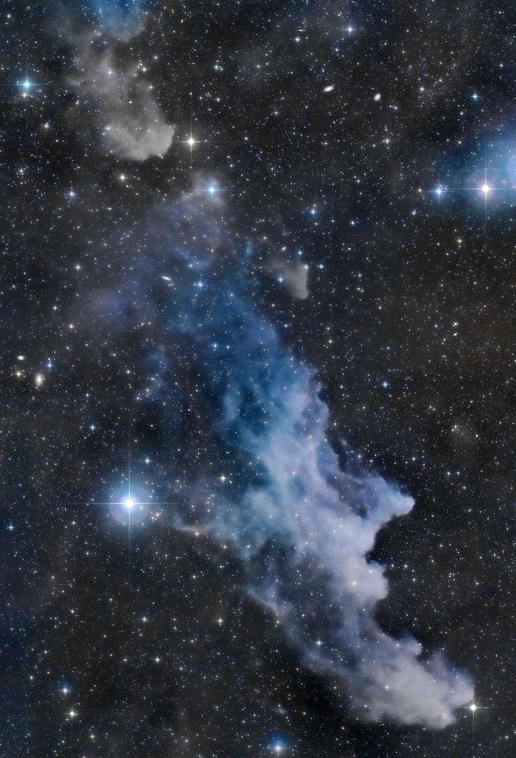 Que voit-on exactement ? C’est un immense visage décharné aux reflets bleus, une nébuleuse de réflexion qui regarde en direction de Rigel, l’étoile la plus brillante d’Orion. © Jeff Signorelli, Apod (Nasa)