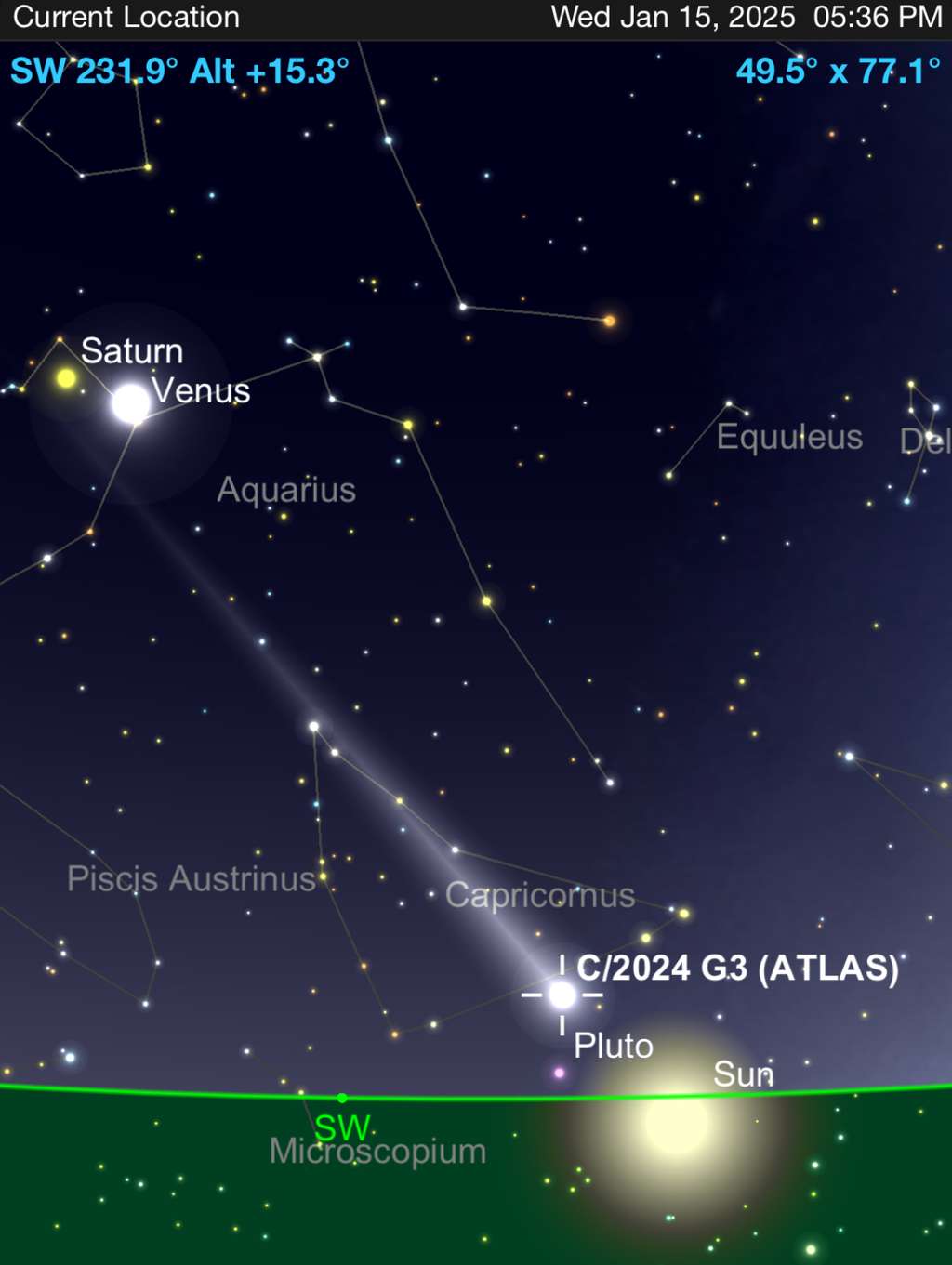 Position de la comète par rapport au Soleil après le coucher de celui-ci, le 15 janvier 2025. Capture d'écran de l'appli Sky Safari. © Sky Safari