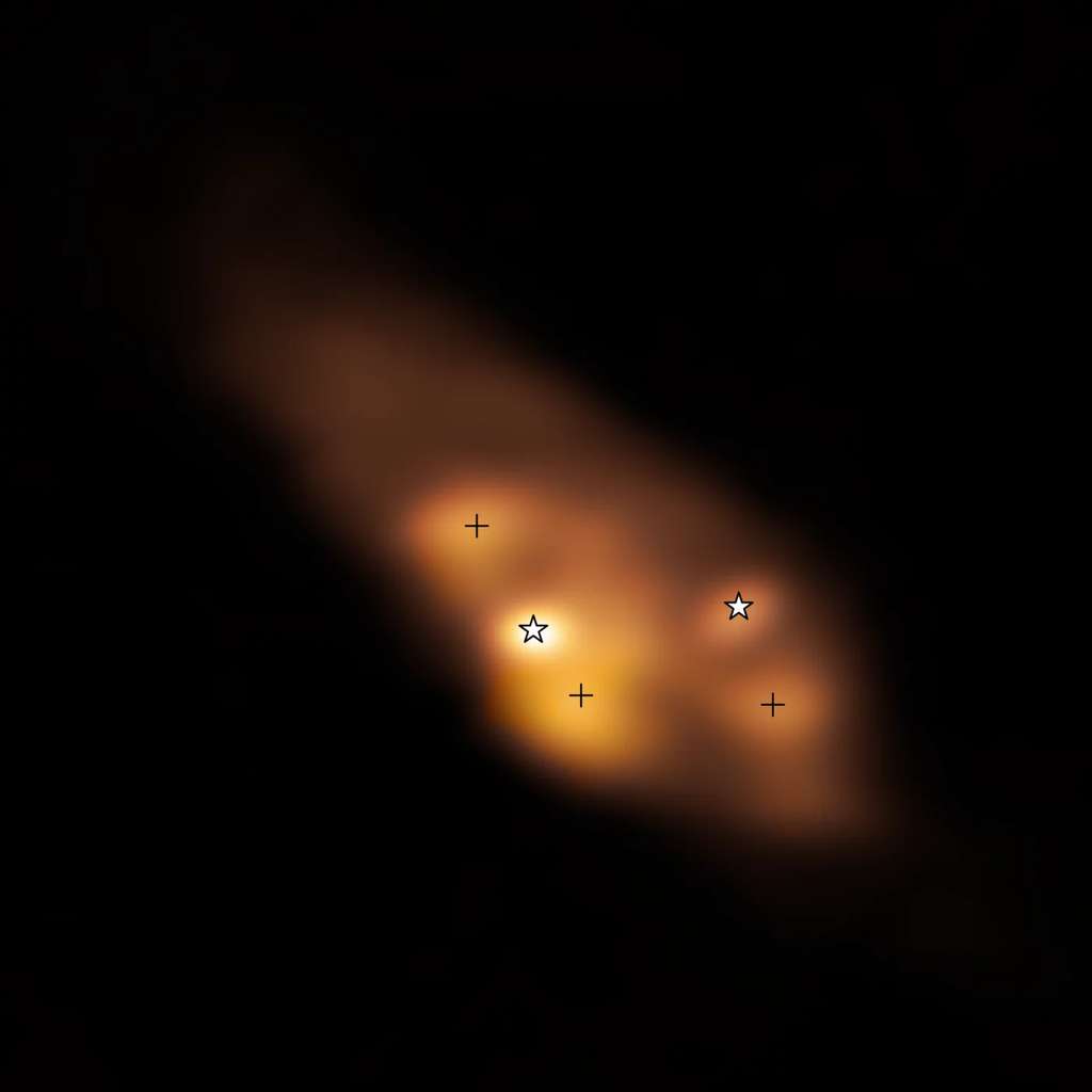 Un aperçu détaillé des jeunes étoiles binaires (marquées par des symboles d'étoiles) dans le système IRAS 16293–2422. Dans cette image radio prise avec le <em>Atacama Large Millimeter/submillimeter Array</em> au Chili, la couleur indique la distribution de température des protoétoiles et de leur environnement, le blanc représentant les températures élevées. Les trois points chauds (marqués par des croix) sont très probablement chauffés par des ondes de choc, et non par les proto-étoiles elles-mêmes. © Alma (ESO/NAOJ/NRAO)/Maureira et al.