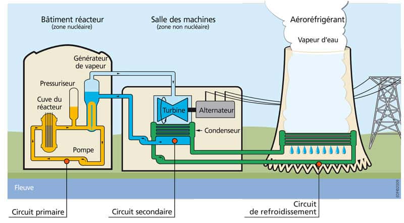 La chaleur créée par les fissions des atomes d’uranium est transmise à l’eau qui circule dans la cuve entre les crayons combustibles : on l’appelle eau du circuit primaire. Cette eau passe ensuite dans le générateur de vapeur où de l’eau moins chaude, appelée eau secondaire, circule également. Sans entrer en contact, pour éviter toute contamination, l’eau secondaire est réchauffée et vaporisée, avant de venir faire tourner une turbine. © IRSN