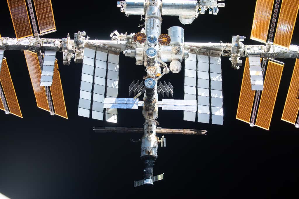 Cette image, acquise par l'équipage Crew 2 en novembre 2021, montre quatre véhicules spatiaux amarrés à l'ISS. De bas en haut, on compte un cargo Progress, deux véhicules Soyouz et un cargo Cygnus, reconnaissable avec ses panneaux solaires ronds. © SpaceX, Nasa