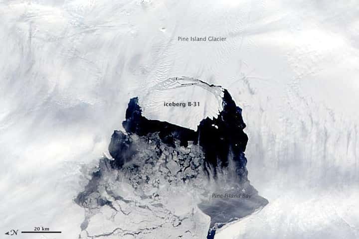 Le 10 novembre, la fracture s'est élargie, comme en témoigne l'image du satellite Aqua (Nasa). L'iceberg B-31 est baptisé. © Nasa