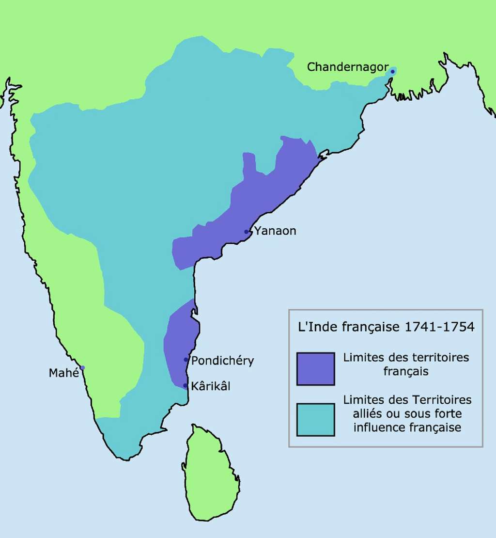 <sup><br /></sup>Zone d'influence française en Inde entre 1741 et 1754 (comptoirs, territoires) sous la gouvernance de Dupleix. © Wikimedia Commons, DP